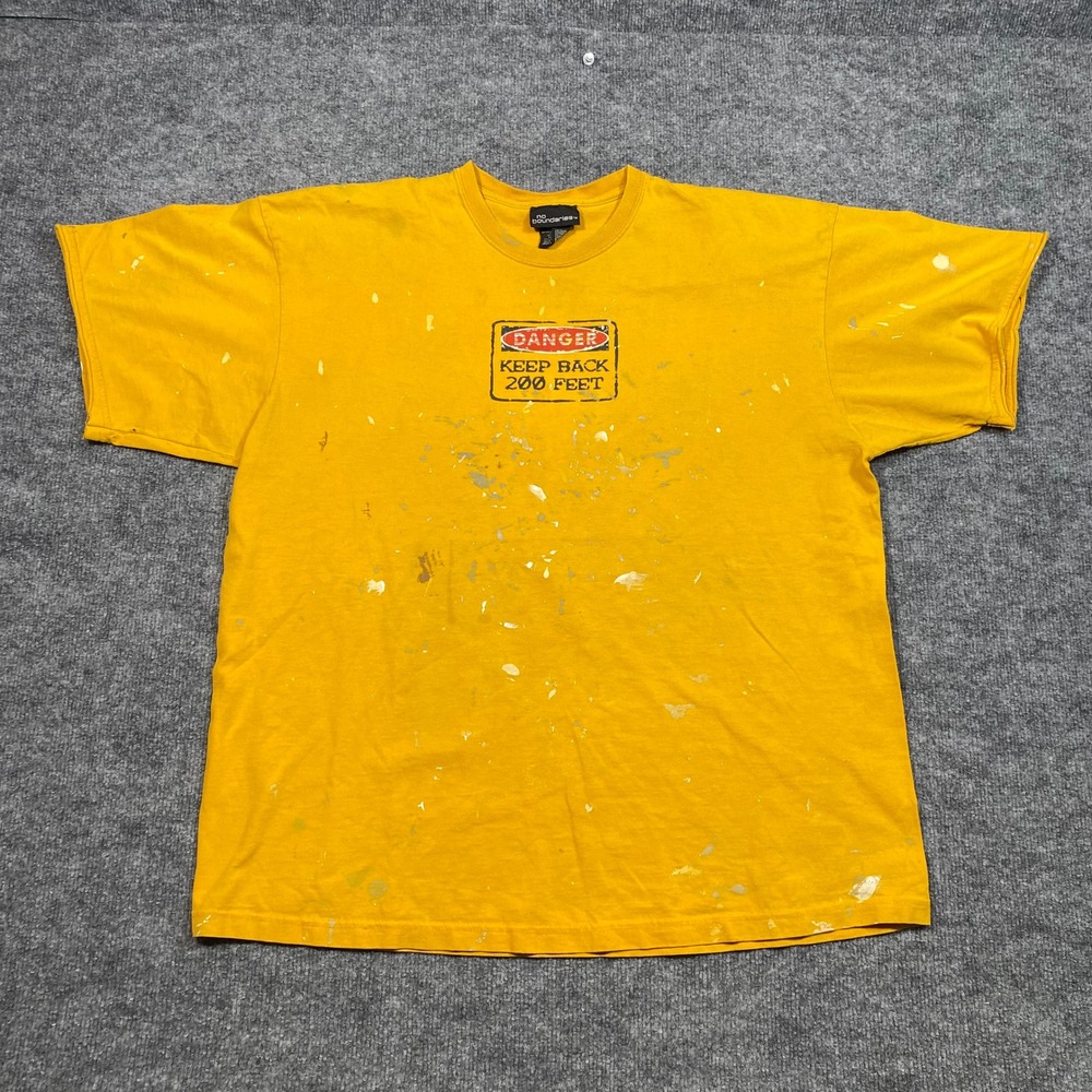 No Boundaries Mens XL Yellow Danger Keep Back 200 Feet Paint Splatter Tee VTG